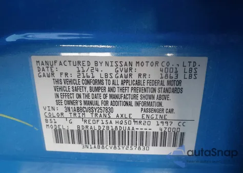 2025 Nissan Sentra Sv from USA, damaged, VIN 3N1AB8CV8SY257830